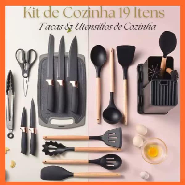 Kit jogo de Cozinha  Seilicone, Utensílios e Copo Suporte para Cozinheiro Cabo de Madeira MasterChef