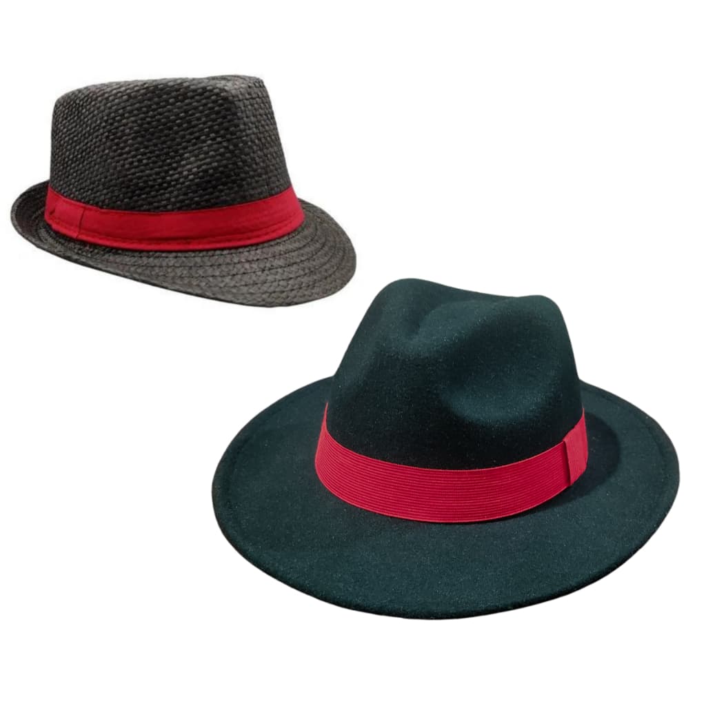 Chapéu Fedora Preto Fita Vermelha e Panamá Preto Fita Vermelha Kit Religioso Exu Elegante