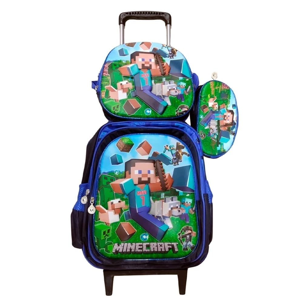 Kit Mochila Minecraft Rodinhas + Lancheira Térmica + Estojo Escolar 3D