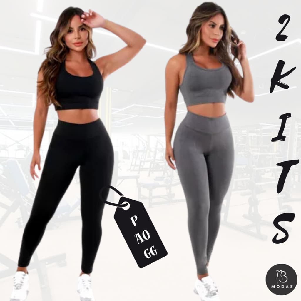 Kit 2 Conjuntos De Academia Top + Calça Legging Feminino Fitness Em Suplex Cintura Alta