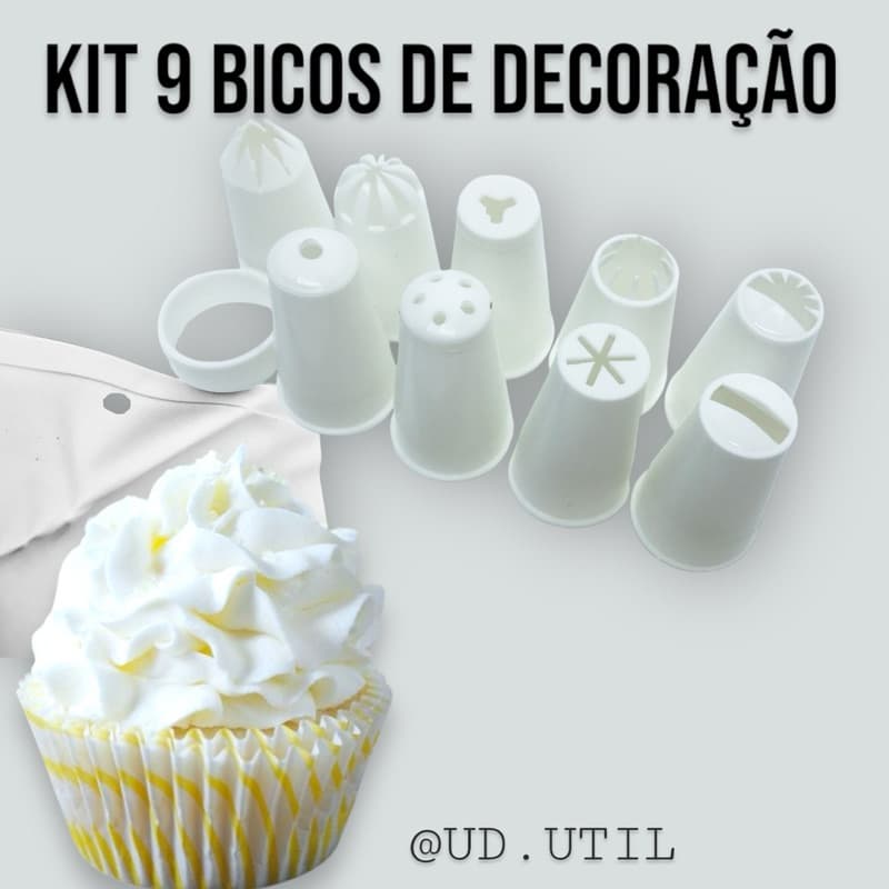 Bico Para Confeitar com 9 Bicos + Saco de Confeiteiro PVC para Decoração Glacê Chocolate Doces Sobremesas