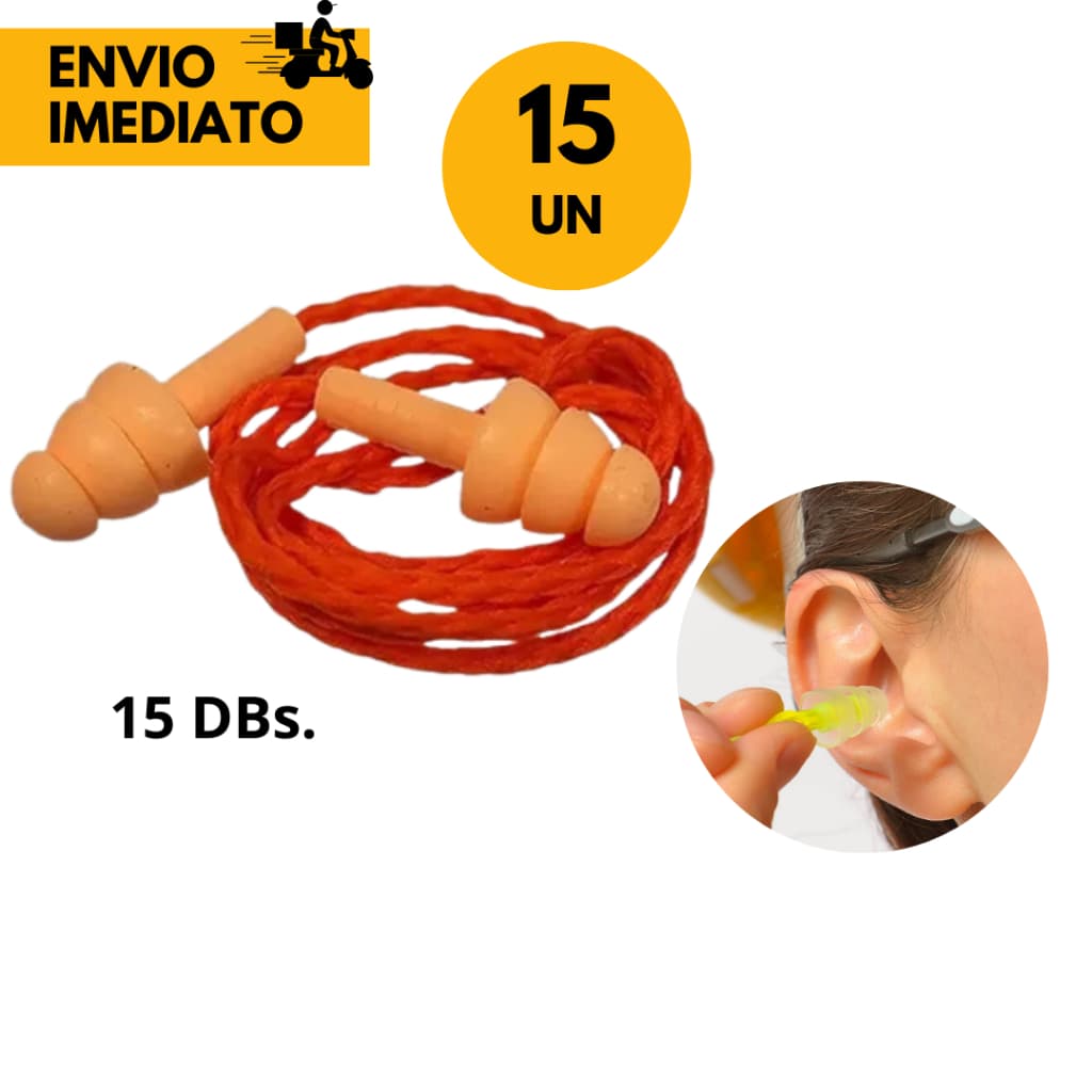 15 Un Protetor Auricular de Silicone c/ Cordão 15 Dbs Proteção Auditiva para Trabalhadores em Ambiente c/ Ruído em Exces