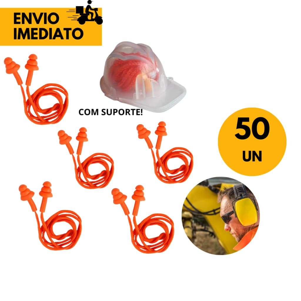 50 Un Protetor Auricular de Silicone c/ Cordão 15 Dbs Proteção Auditiva para Trabalhadores em Ambiente c/ Ruído em Exces