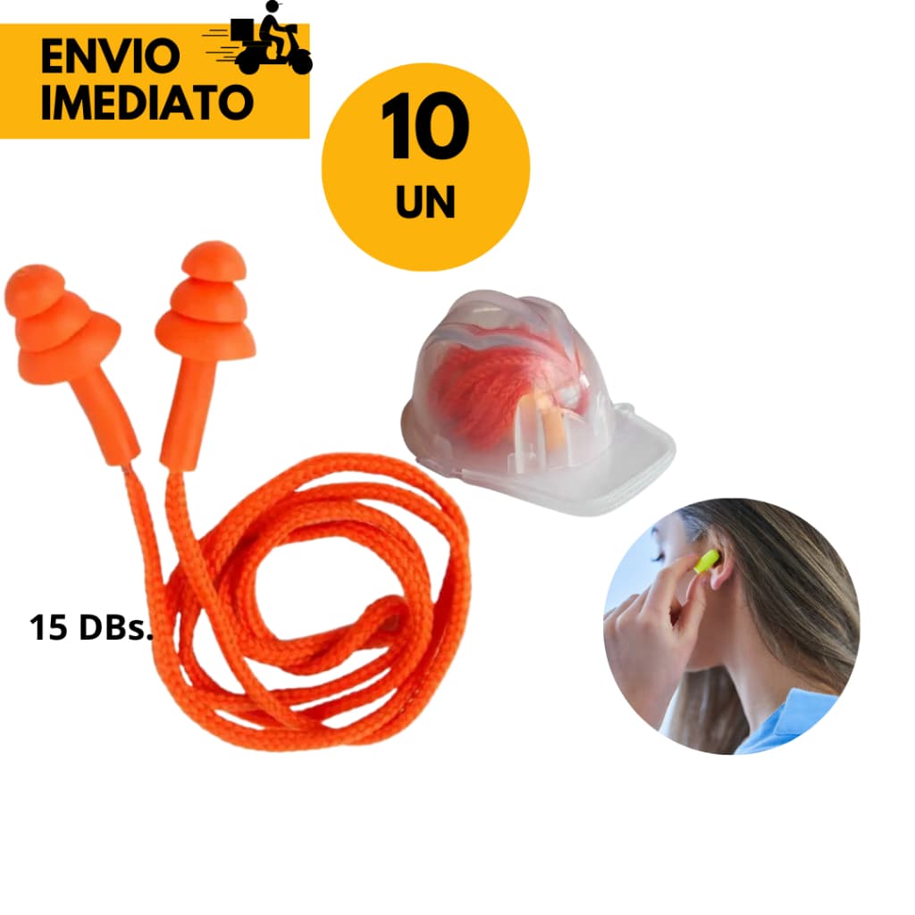 10 Un Protetor Auricular de Silicone c/ Cordão 15 Dbs Proteção Auditiva para Trabalhadores em Ambientes c/ Ruído em Exce