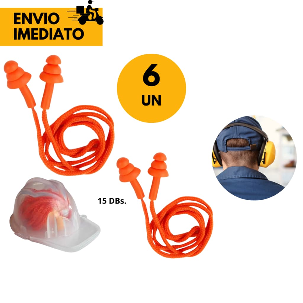 06 UN Protetor Auricular de Silicone c/ Cordão 15 Dbs Proteção Auditiva para Trabalhadores em Ambiente c/ Ruído em Exces