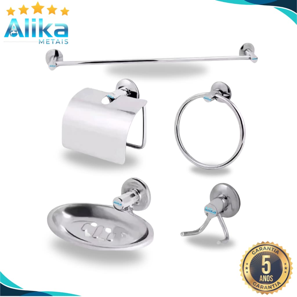 kit para banheiro 5 peças metal cromado saboneteira porta sabonete porta toalhas papeleira porta papel higiênico