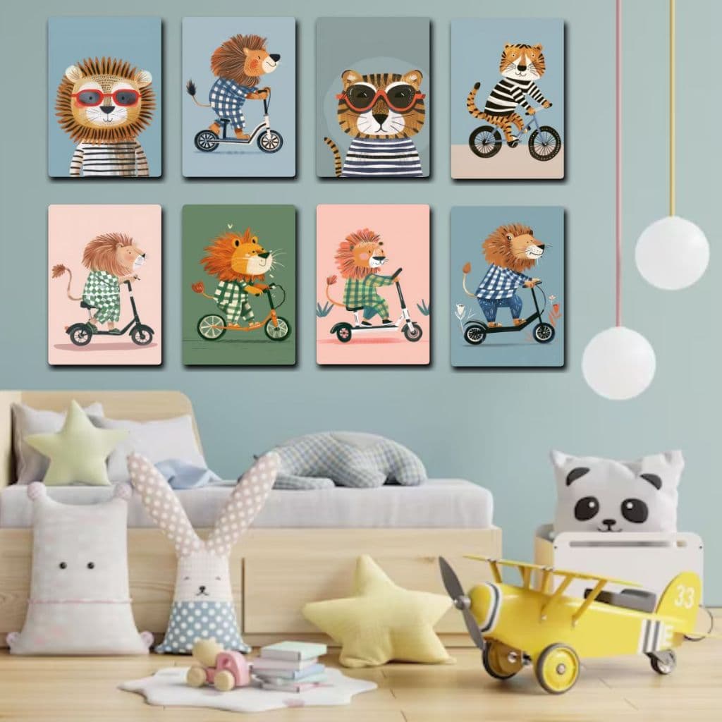 Kit 08 Quadros Decorativos Infantil Bebê Animais de Bicicleta - Quarto - Sala - Maternidade