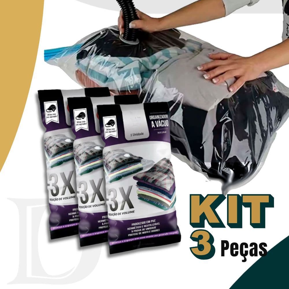 Kit 3 Sacos a Vácuo 70 x 110cm Organizador para Roupas Mala Cobertor Organização Guarda Roupa