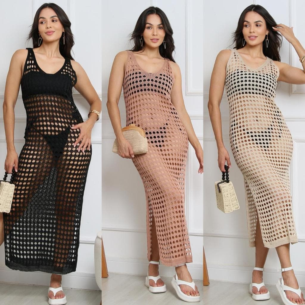 ZAVA  Vestido longo Decote V Tricot Renda Saída de Praia fenda Laterais