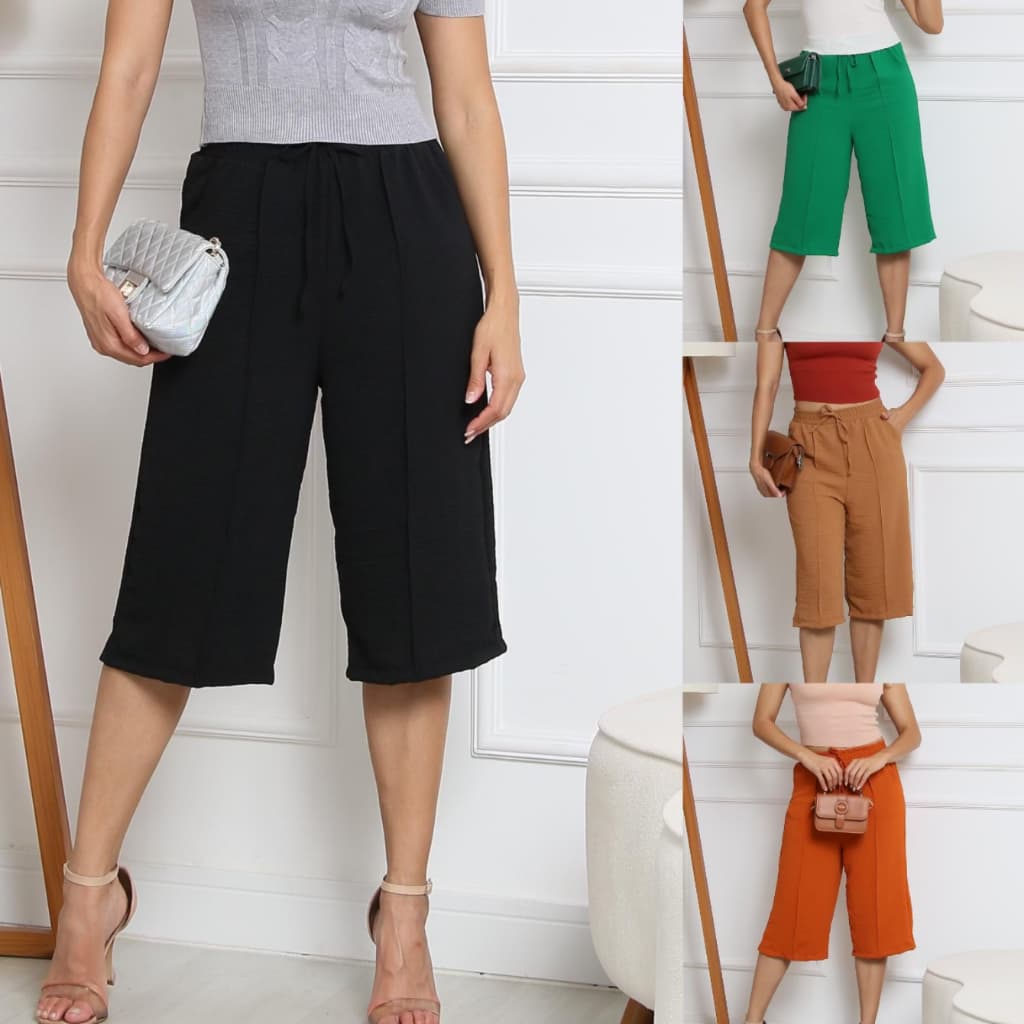 ZAVA Calça Bermuda Pantacourt Cintura Elástico Duna