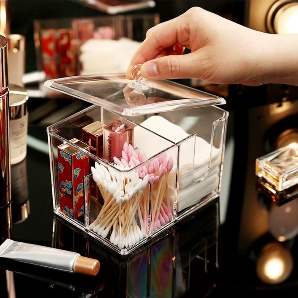 Organizador De Maquiagem Porta Algodão Cotonete Acrílico Organizador Cosmético Acrílico Caixa Paramount Com Tres Modelos