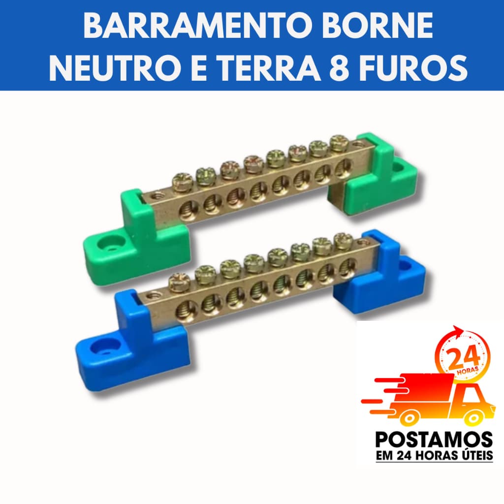 Barramento Neutro e Terra 8 Furos Fixação Parafuso 8 Bornes Vias Saídas