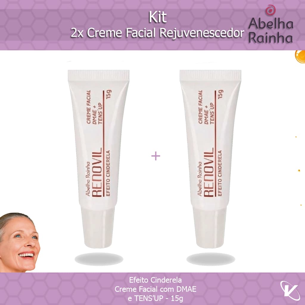 Kit 2x Creme Facial Rejuvenescedor Efeito Cinderela com DMAE Tens'Up Renovil Abelha Rainha 15g