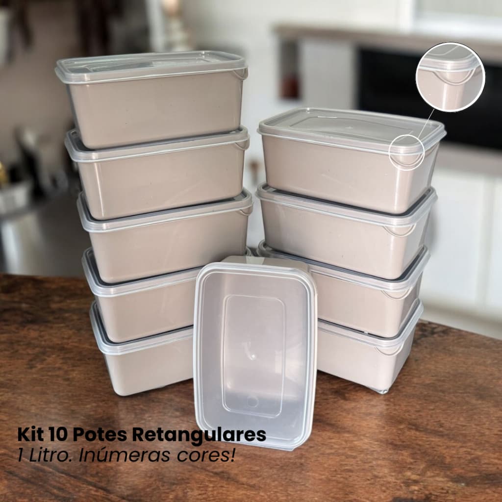 Kit com 10 Potes Caixa Organizadora Retangular 1 Litro Utilidade Doméstica Marmita Vasilha Colorido