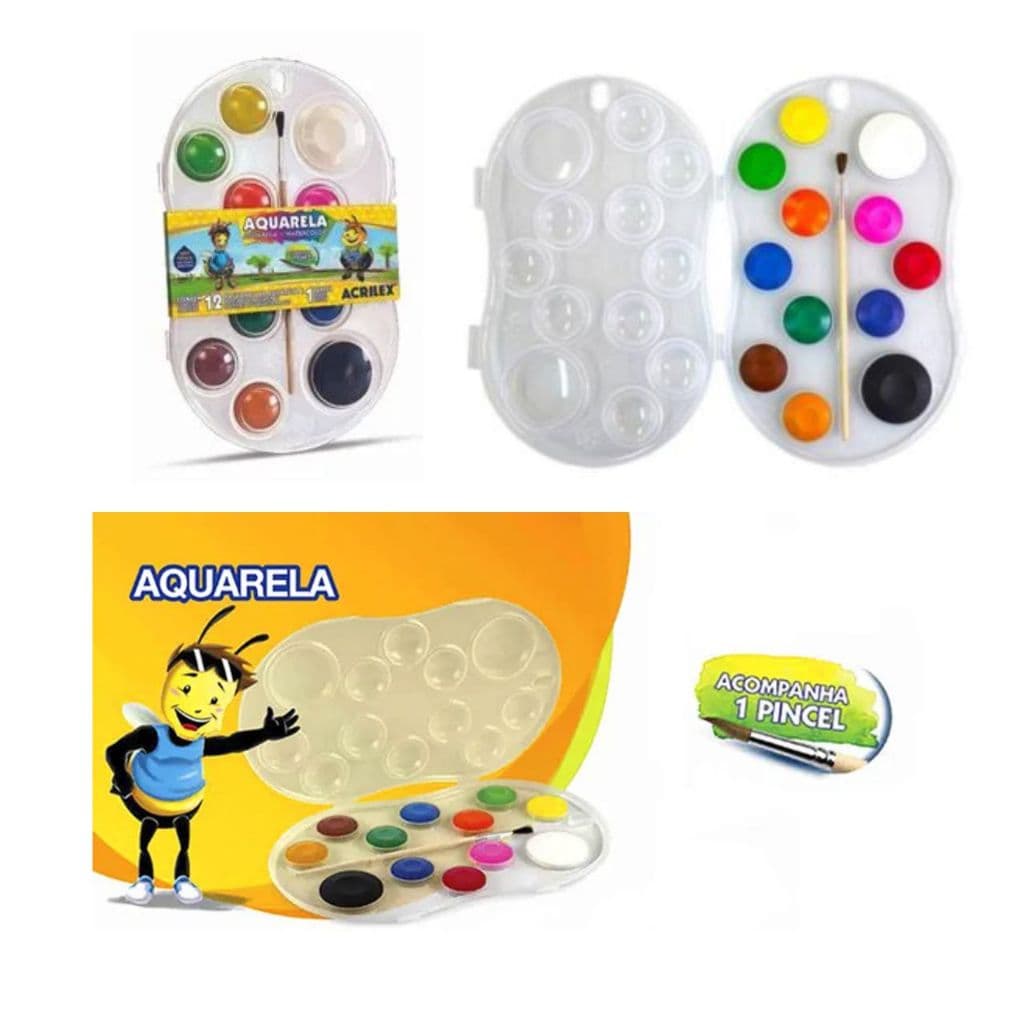 Estojo Aquarela 12 Cores + Pincel Acrilex Aquarela em Pastilha Infantil Criança
