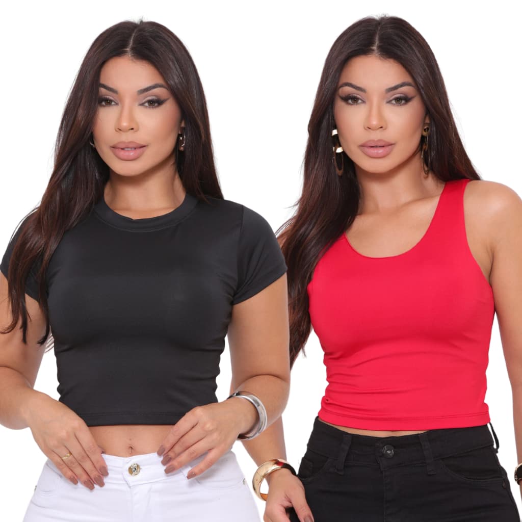 Kit 2 Cropped Feminino Regata e Manga Curta Suplex Básico Liso Várias Cores