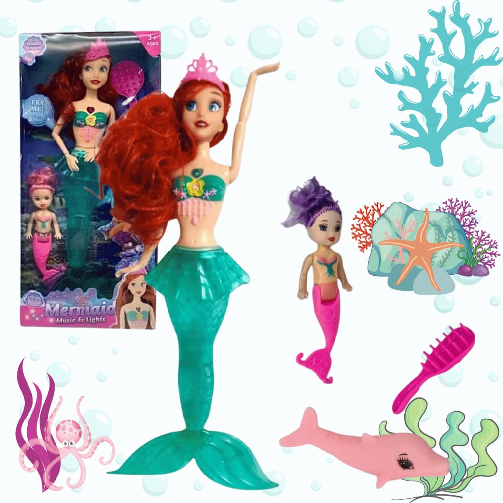 Brinquedo Boneca Sereia Tipo Ariel Musical Com Luz Na Cauda Golfinho Pequena Sereia Presente