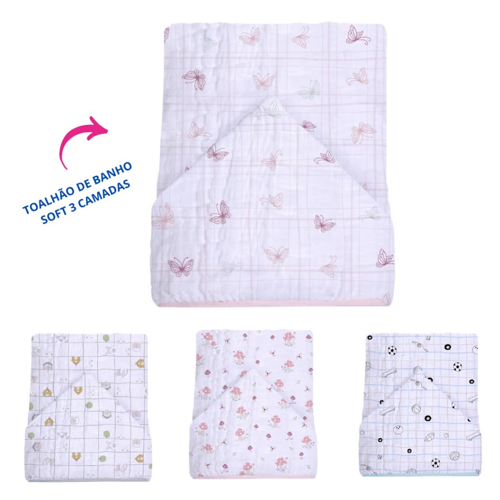 TOALHÃO DE BANHO SOFT 3 CAMADAS DE FRALDAS PREMIUM  PAPI - PARA BEBE/ CRIANÇA GRANDE ESTAMPADO