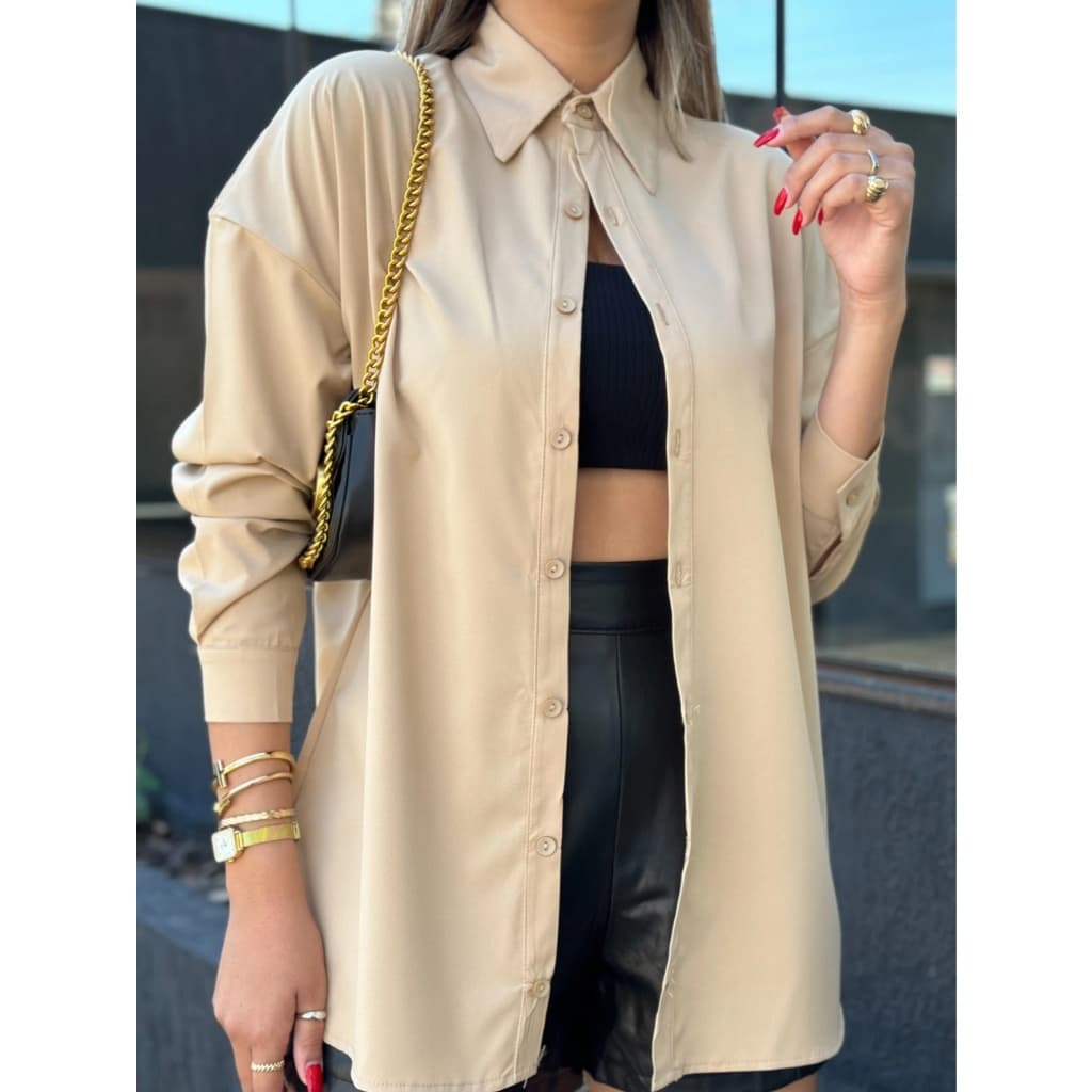 Camisa Feminina Manga Longa Social Com Botão Listrada Risca de Giz
