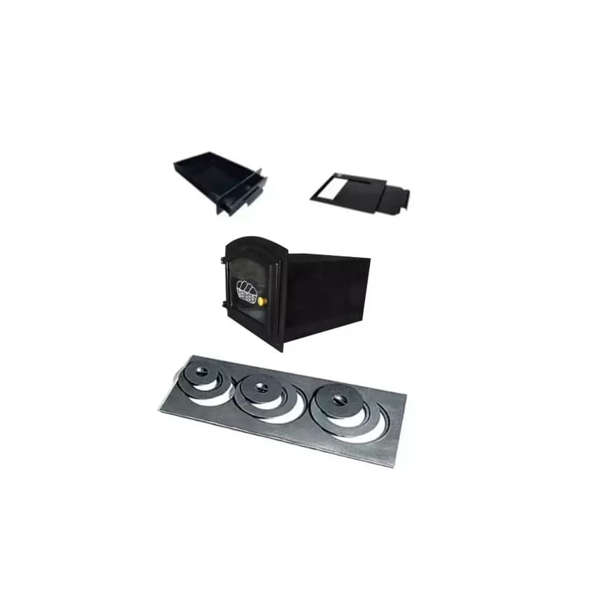 Conjunto Kit Forno A Lenha Grande Frente de Vidro Com Chapa De Ferro e Redução + Registro de Fumaça E Gaveta Cinzeiro