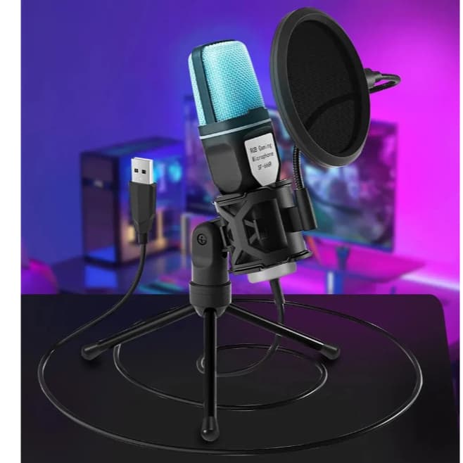 Microfone Studio profissional estilo PODCAST USB RGB Condensador Plug & Play