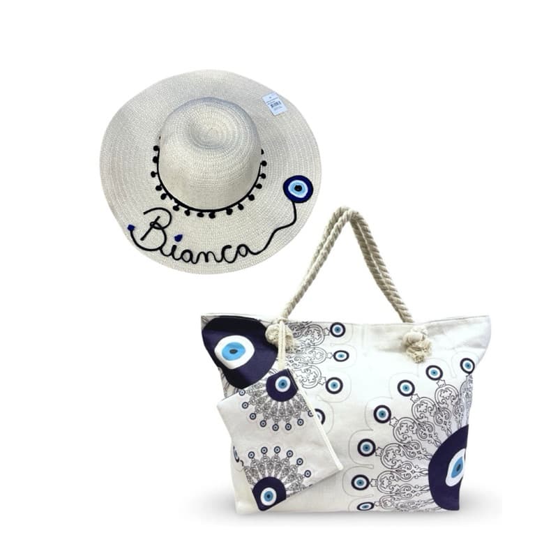 Kit Chapéu Personalizado e Bolsa com Olho Grego mar praia