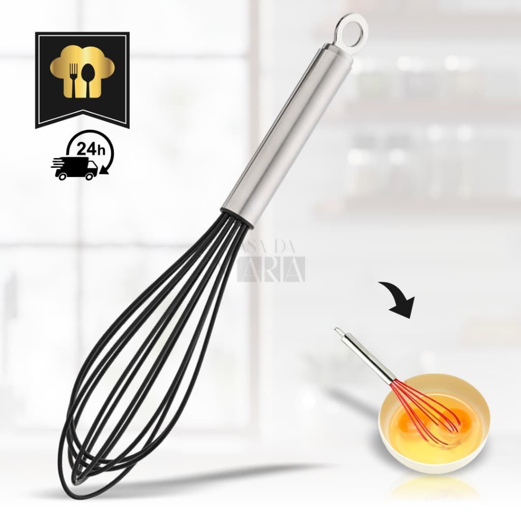 Batedor de Ovos Massas Fuet / Fouet de Inox e Silicone para Cozinha 25cm Casa da Maria