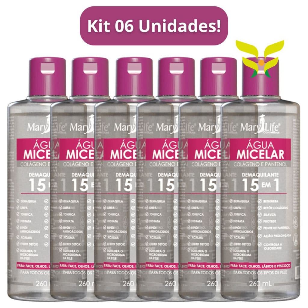 Kit 6 Unidades: Água Micelar Colágeno e Pantenol 15 em 1 260mL Mary Life