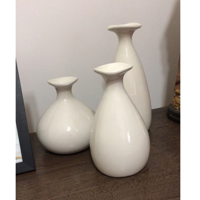 Trio Vaso Garrafa Porto em Cerâmica Decorativa Para Decoração Sala Vaso Suculenta Off White