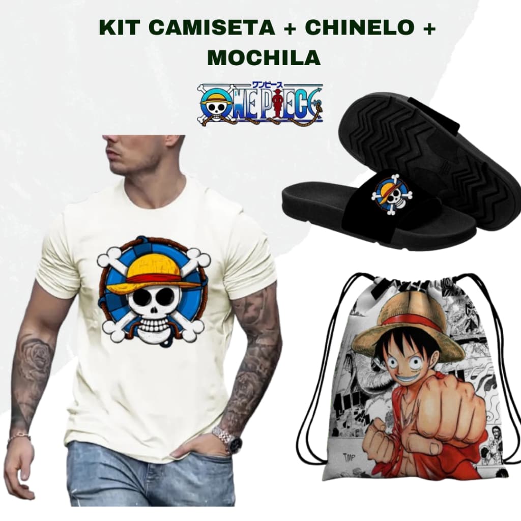 kit Camiseta Básica 100% Algodão Fio 30.1 One Piece + Chinelo Confortável  Slide Nuvem Caveira+ Bolsa Mochila Saco Luffy