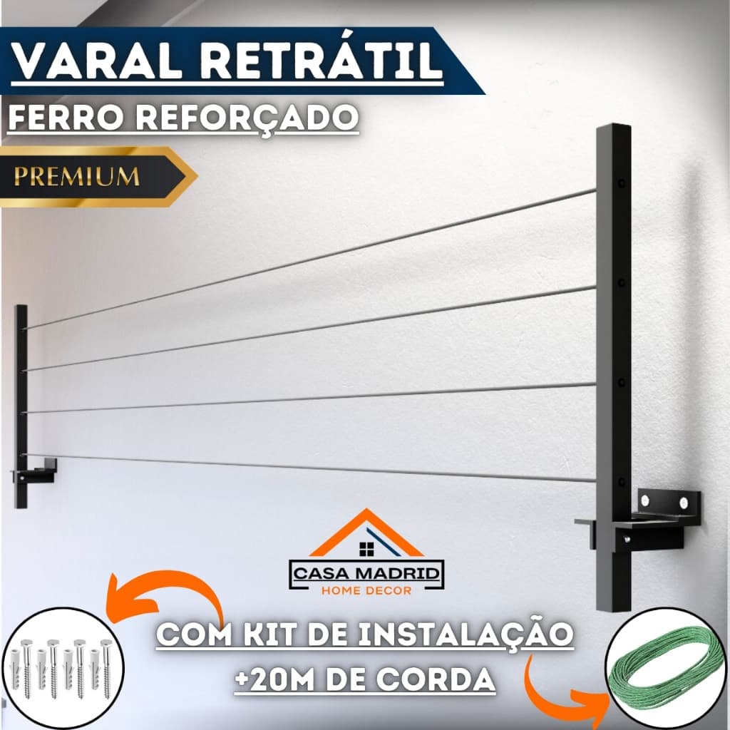 Varal Retrátil De Parede Dobrável Premium Ferro Resistente com Kit Instalação + 20 Metros de Corda