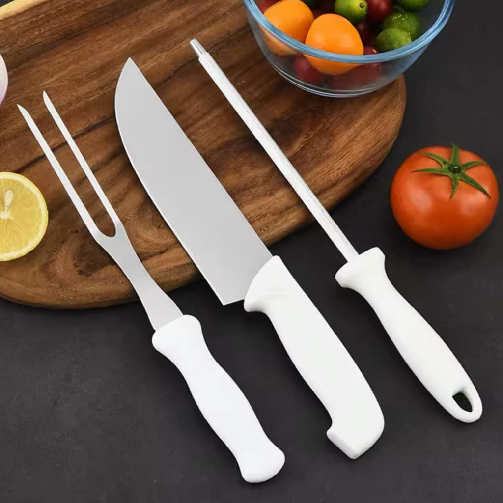 Conjunto De Faca De Churrasco Inox  8" + Garfo 7" + Chaira 8" Cb. Plastico Branco Original