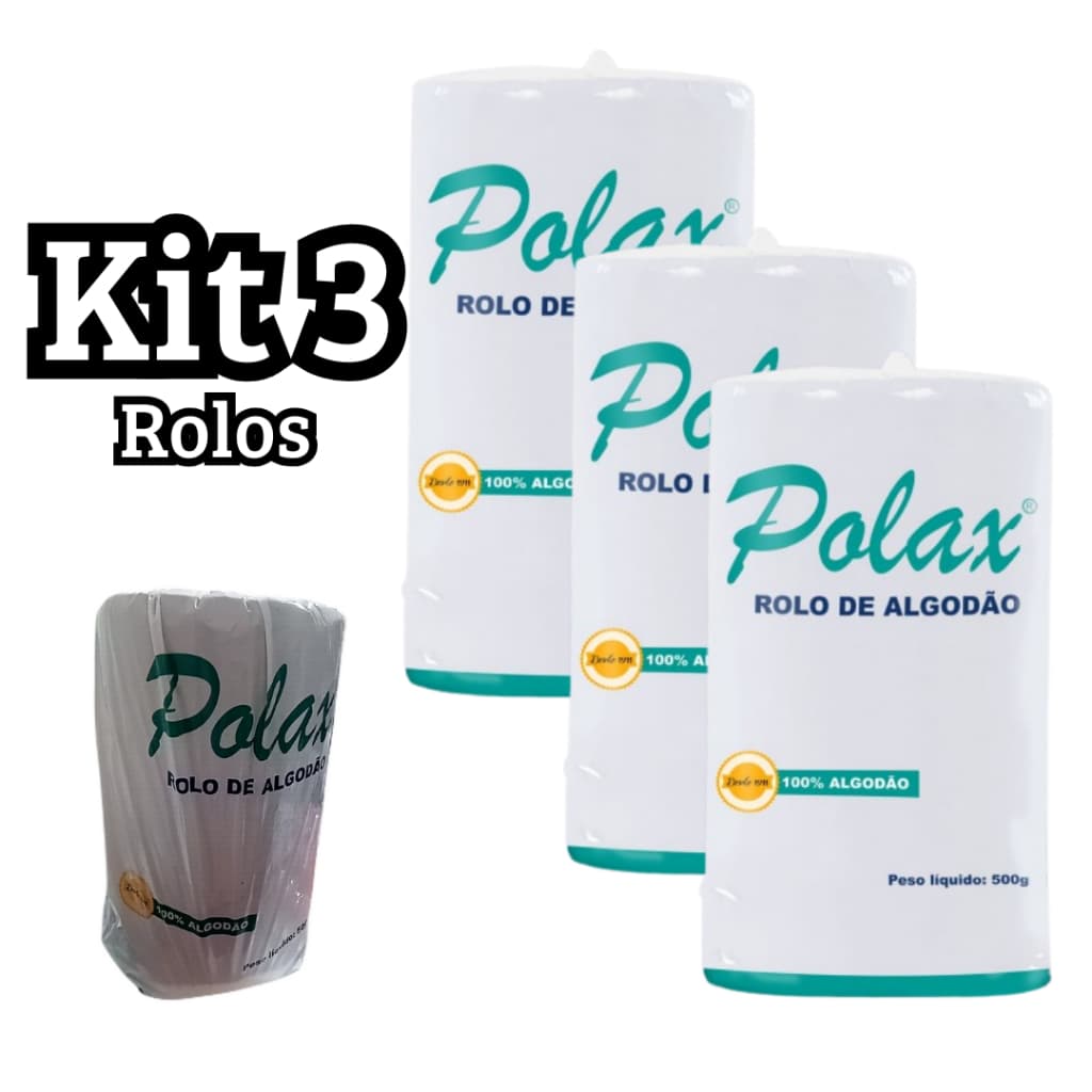 Kit com 3 Rolos de  Algodão Hidrófilo com 500 Gramas Cada Polax - Rolo Prensado