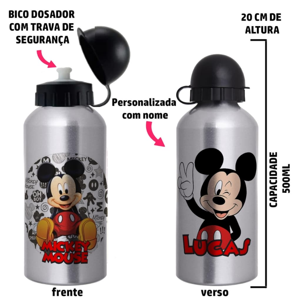 Garrafa Squeeze de alumínio infantil - Mickey  Personalizada com nome