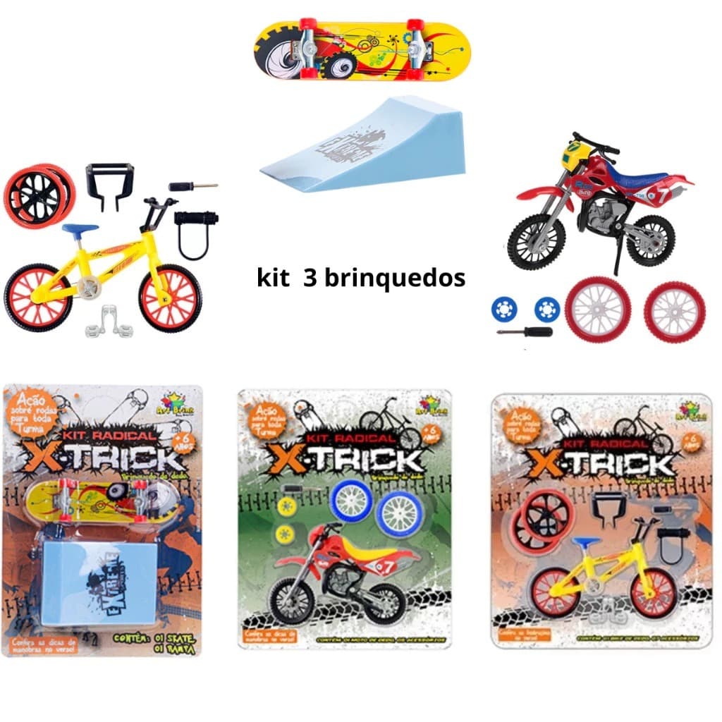 kit  Com 3 Brinquedos Interativo( Skate Dedo Com Rampa Moto De Dedo E Bicicleta De Dedo)