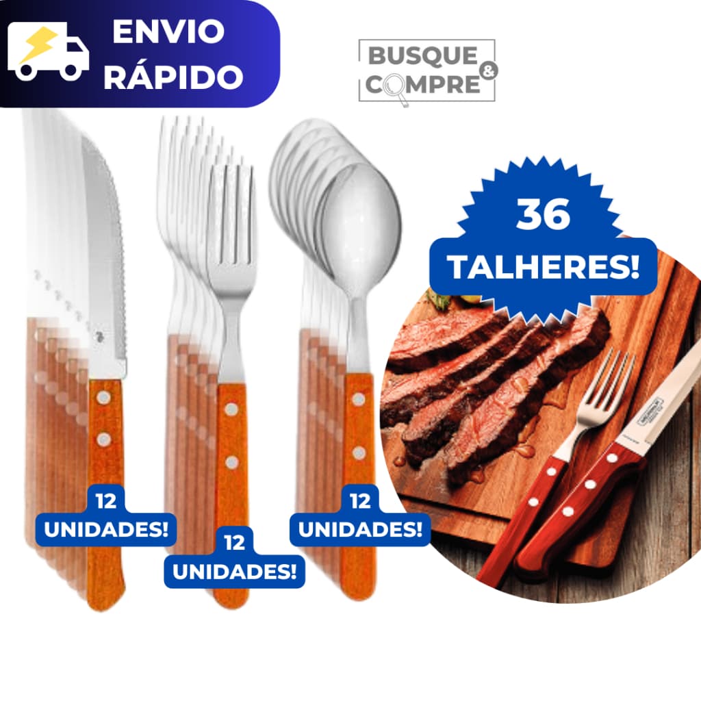 Jogo de Talheres 36 Peças de Metal com Cabo de Madeira Reforçado Cozinha Louça Talher Almoço Jantar