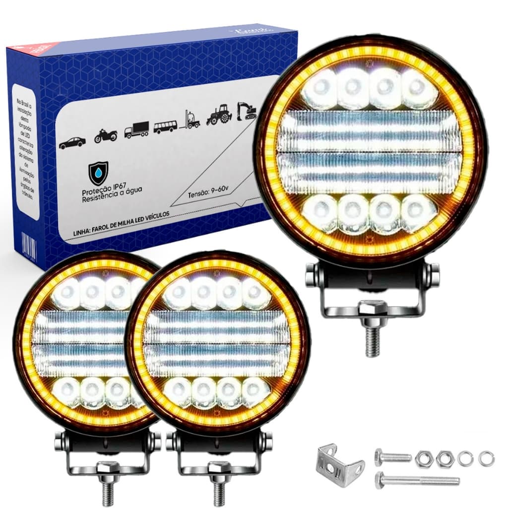 kit 2 Farol De Milha Led C/ Angel 7d Redondo 96w 9-60v Off-road