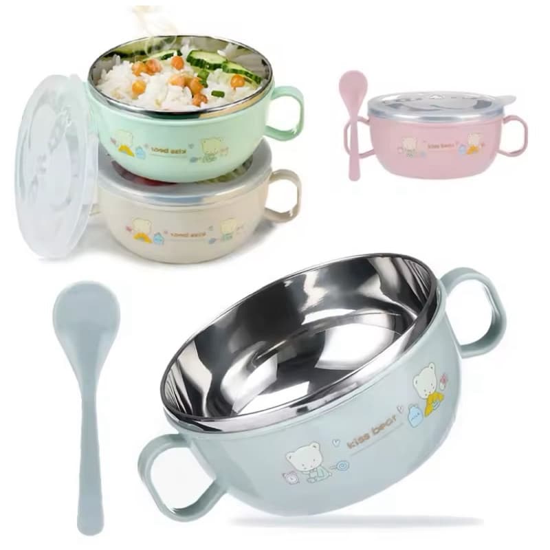 Tigela Bowl Infantil com Alça e Colher  Aço Inox