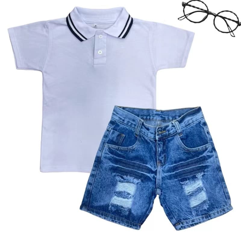 Conjunto menino infantil camisa polo com short jeans rasgada 07 S.M