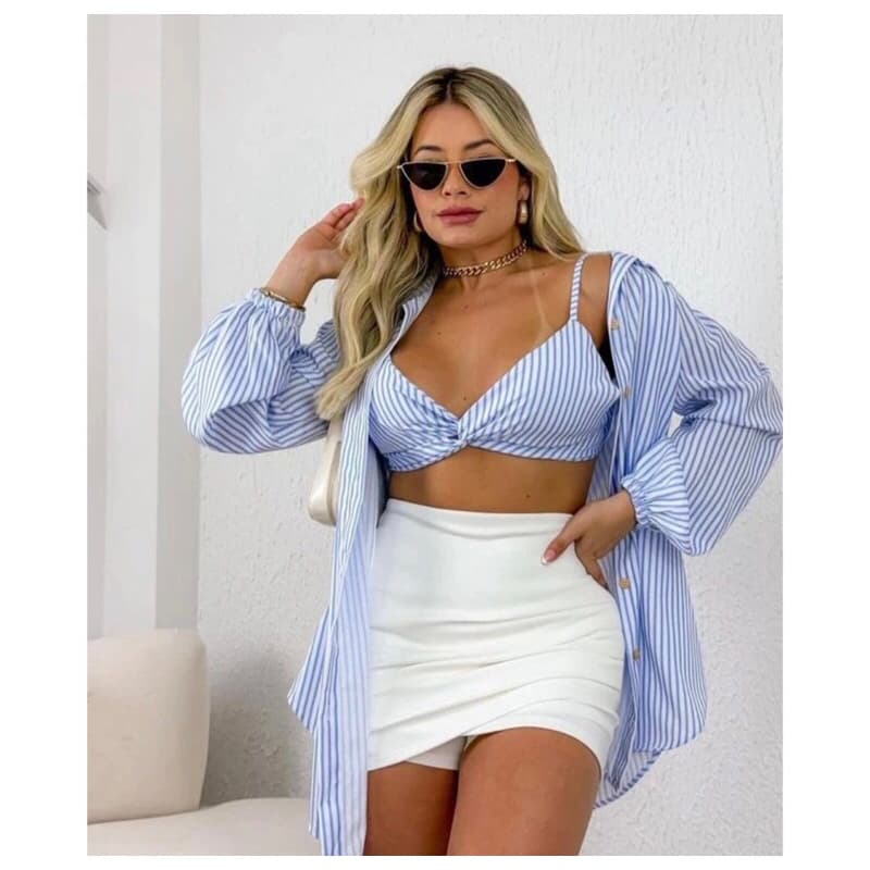 Conjunto Camisa e Cropped Listrado Feminino