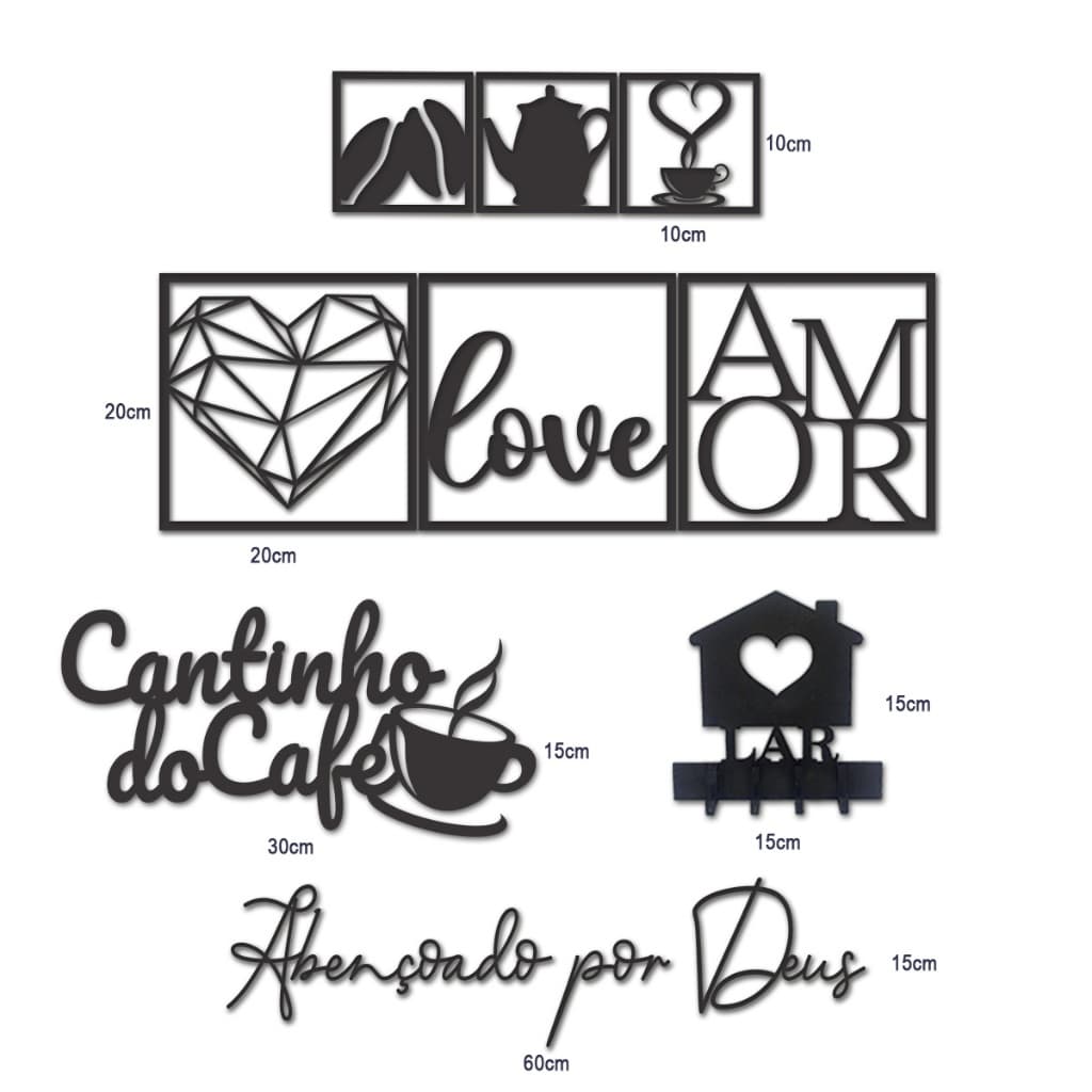 Conjunto Decorativo 6 Placas + Letreiros para Cantinho do Café e Amor em MDF Preto com Fita 3M