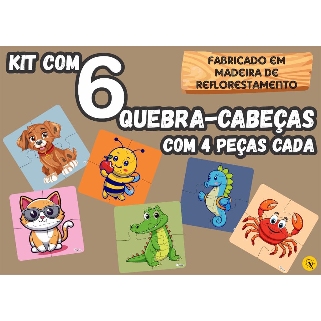 Kit 6 Quebra Cabeça Animais Divertidos Infantil Madeira Com 4 Peças