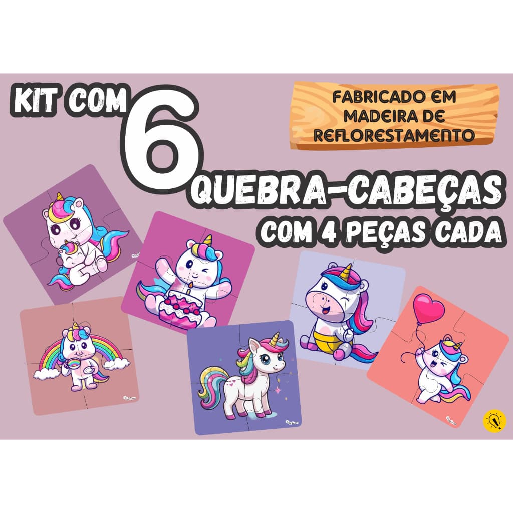 Kit 6 Quebra Cabeça Unicórnio Infantil Madeira Com 4 Peças