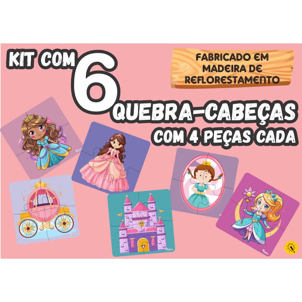 Kit 6 Quebra Cabeça Princesas Madeira Com 4 Peças