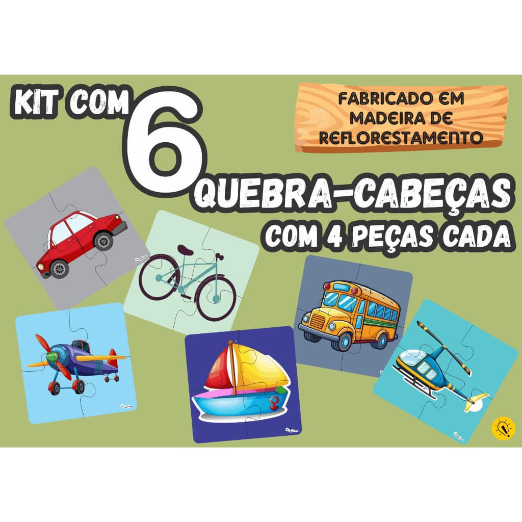 Kit 6 Quebra Cabeça Transporte Infantil Madeira Com 4 Peças