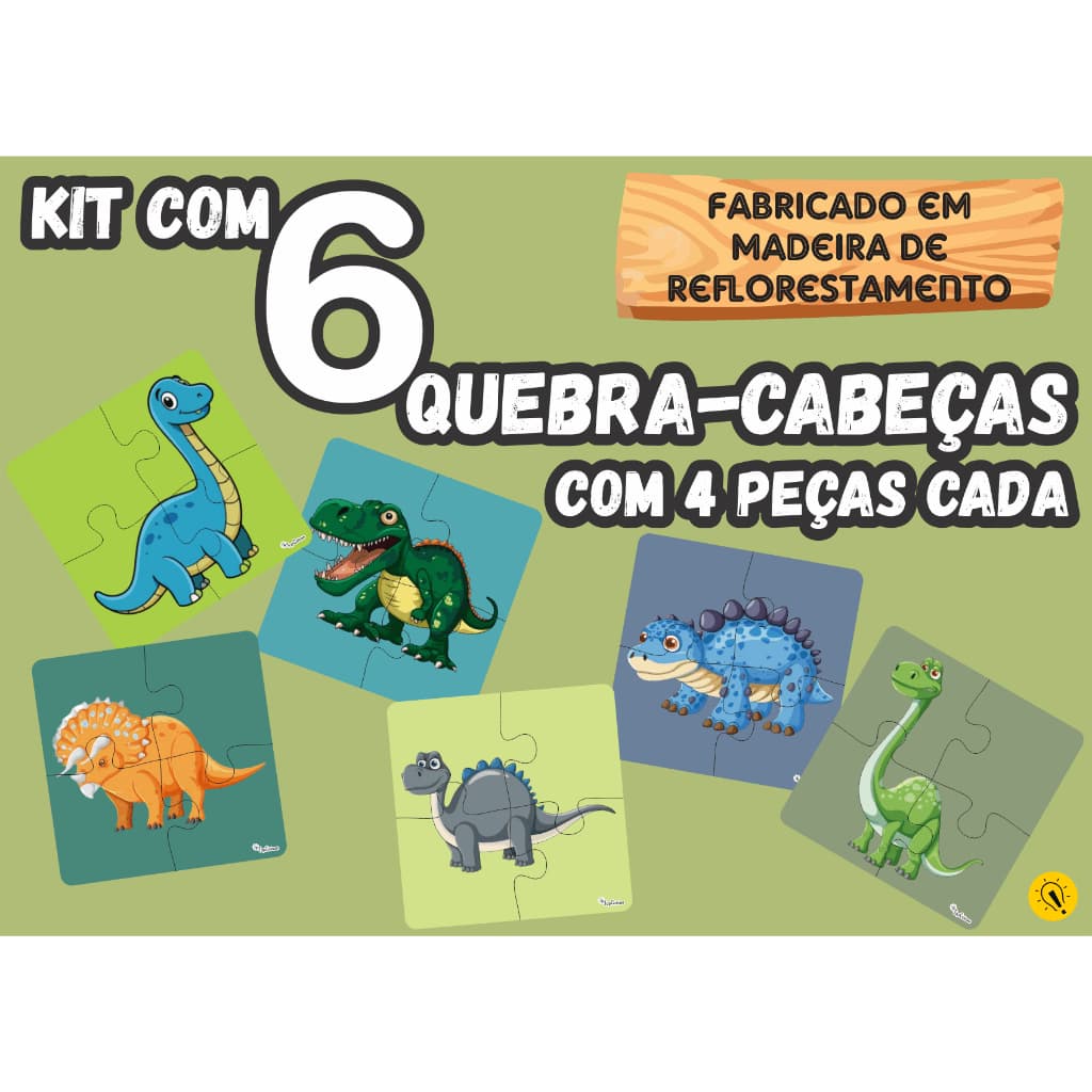 Kit 6 Quebra Cabeça Dinossauro Infantil Madeira Com 4 Peças