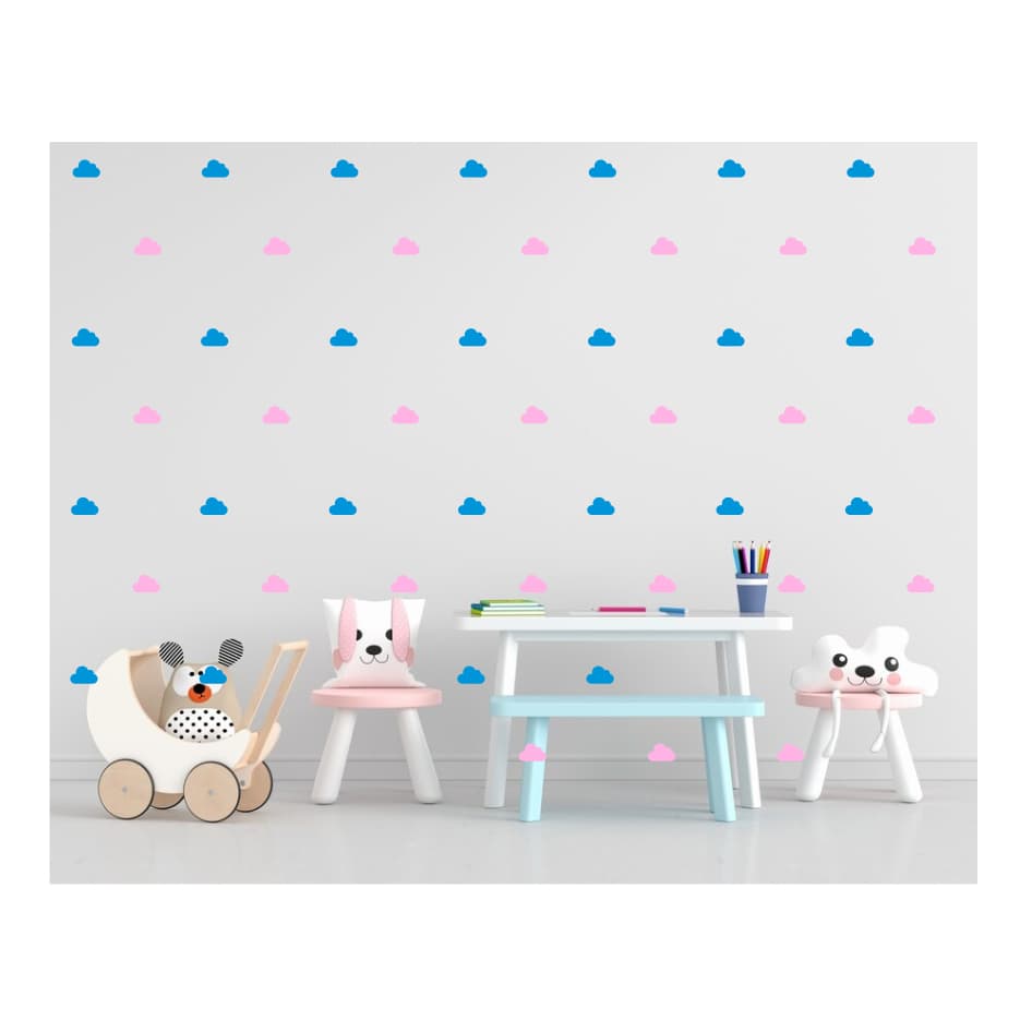 ADESIVO DE PAREDE NUVENS NUVENZINHA ROSA CLARO E AZUL CLARO 10CM DECORATIVO 100 UNIDADES