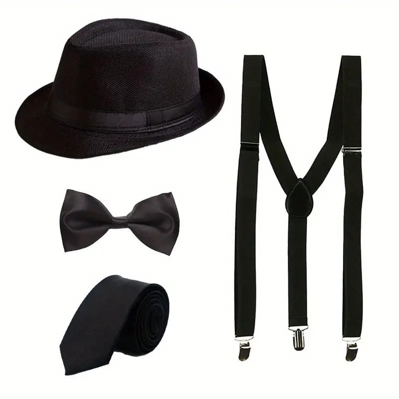 Conjunto de Fantasia Masculina Inspirado em Gotsby - Inclui Chapéu, Suspensórios Y-Back, Gravata Borboleta