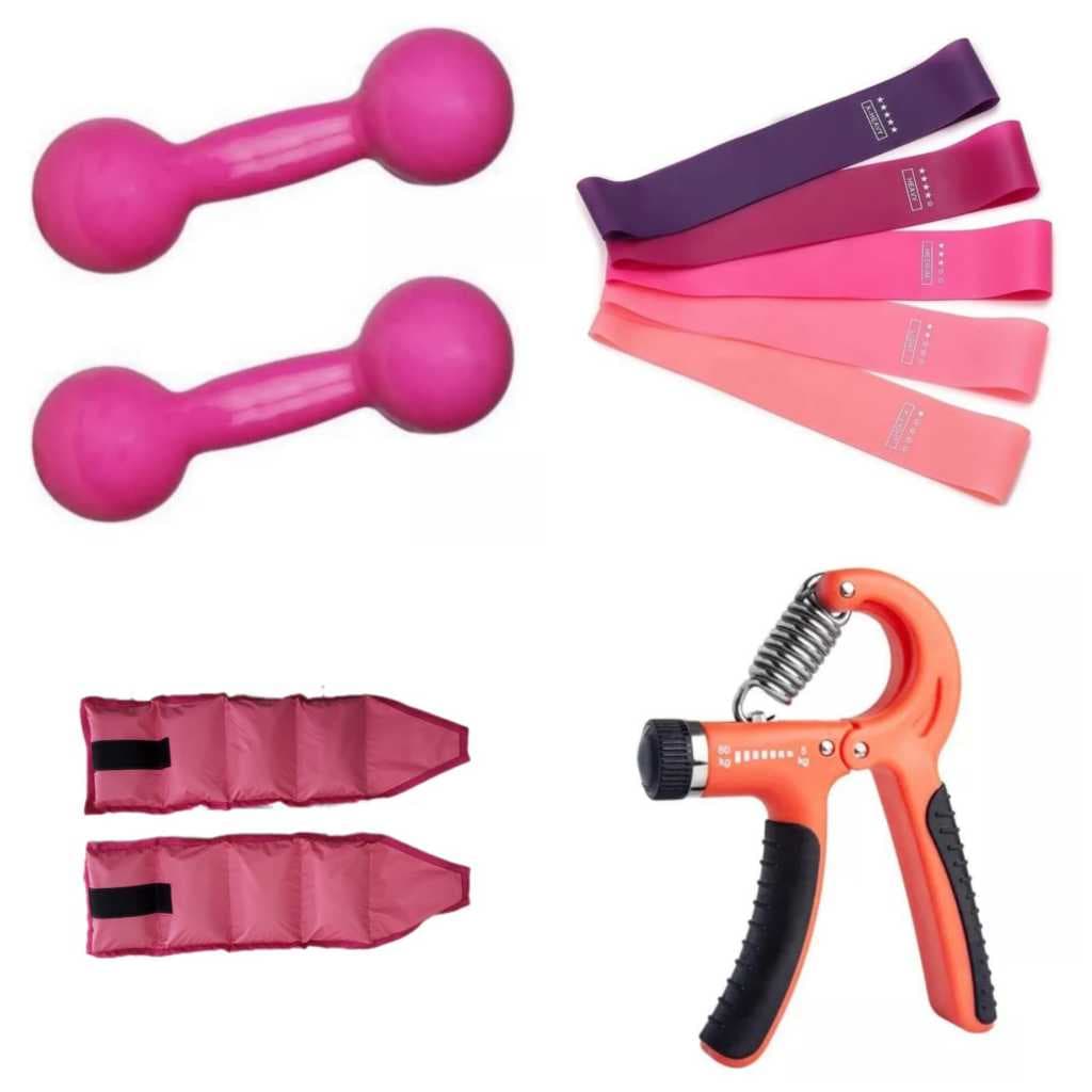 Kit Academia Completo: Halter Rosa 1kg + Caneleira 0,5kg + Mini Band + Hand Grip