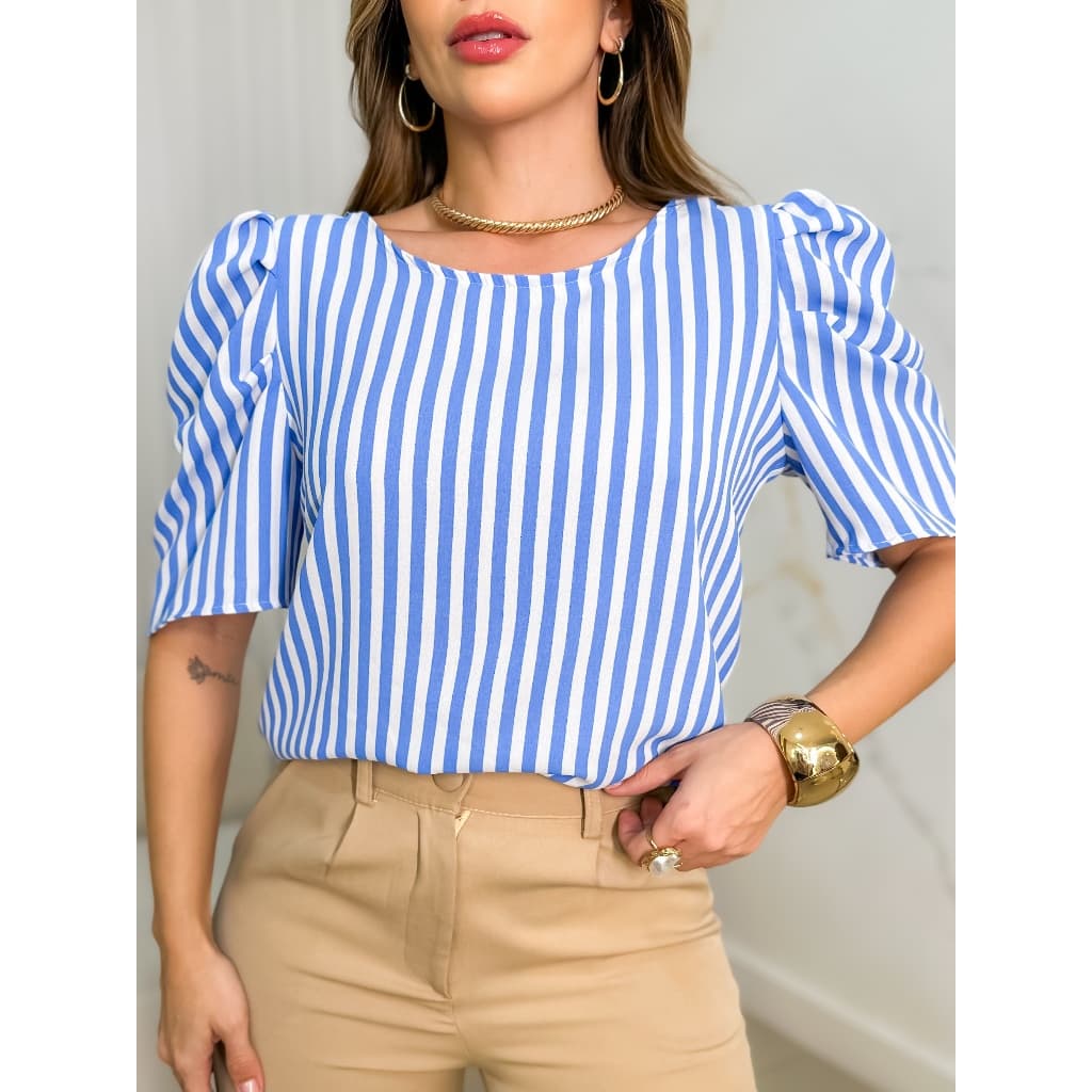 colorful rosa Blusa Feminin Manga Curto Bufante Duna Listrada Blogueira